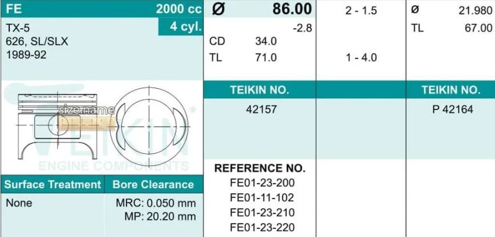 Takım Piston STD 86.00 mm 626 88-91 2.0 Çukur Tip 42157
